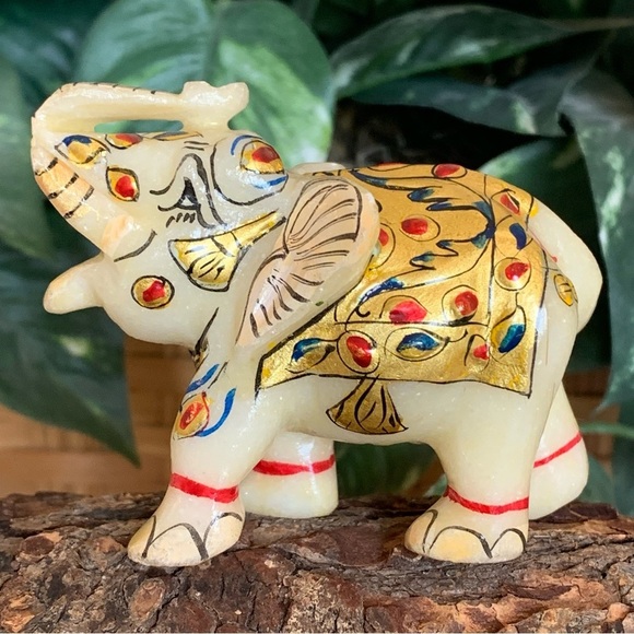 Marble Elephant Statue Trunk Up Hand Painted Indian Art home Decor Sculpture 3" - Picture 5 of 14